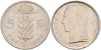 БЕЛЬГИЯ 5 ФРАНКОВ 1976 BELGIQUE KM 134.1 медно-никель 4589-814