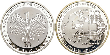 ФРГ 10 евро 2003 G, 200 лет Готфриду Земперу KM 227, DE.S. 10.11 серебро PROOF 02-070-33