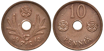 Финляндия 10 пенни 1942 KM 33.1 медь 00-00