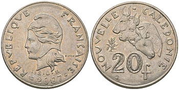 Французская Новая Каледония 20 франков 2007 три быка, (IEOM) KM 12a, Schoen 14a, Lec 115j медно-никель 81-1125