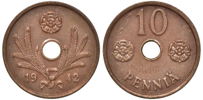 Финляндия 10 пенни 1942 KM 33.1 медь 00-00