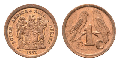 ЮАР 1 цент 1992 герб, капские воробьи KM 132 сталь плакированная медью UNC 4694-112