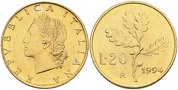 Италия 20 лир 1994 R, дубовый лист KM 97.2 алюминиевая бронза  UNC  4594-919