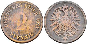 ГЕРМАНИЯ 2 ПФЕННИГА 1874 H, СТАРОГЕРБОВКА, РЕДКАЯ KM 2, Jager 2, Weege 3 медь 4546-541
