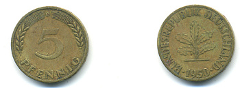 ФРГ 5 ПФЕННИГОВ 1950 D KM 107, J. 382 сталь плакированная латунью 83-125