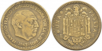 Испания 1 песета 1963 (63) Франсиско Франко (1939-1975) KM 775 алюминиевая бронза 87-1441