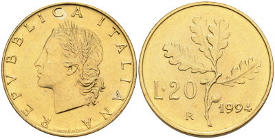 Италия 20 лир 1994 R, дубовый лист KM 97.2 алюминиевая бронза  UNC  4594-919
