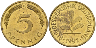 ФРГ 5 пфеннигов 1991 F KM 107, J.382 сталь плакированная латунью 4174-1114