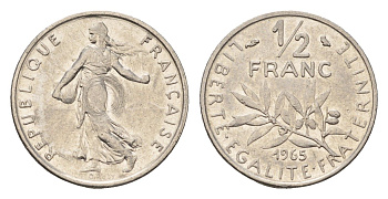 Франция 1/2 франка 1965 KM 931.1 никель 4685-325