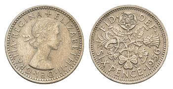 Великобритания 6 пенсов 1956 Елизавета II (1952-2022) KM 903, Spink 4149 медно-никель 4630-1029