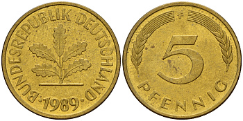 ФРГ 5 пфеннигов 1989 F J.382, KM 107 сталь плакированная латунью    4598-1061