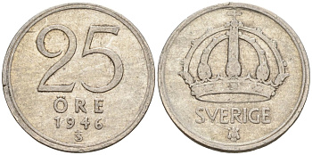 Швеция 25 эре 1946 TS, Густав V (1907-1950) KM 816 серебро 4147-966