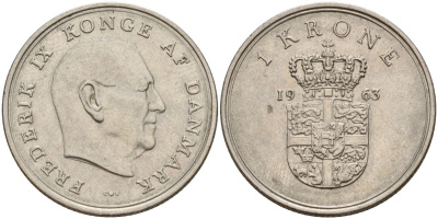 Дания 1 крона 1963 C;S, Фредерик IX (1947-1972) KM 851 медно-никель 4150-922