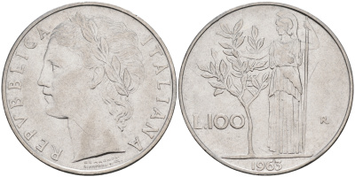 Италия 100 лир 1963 R, Афина KM 96.1 нержавеющая сталь 4117-324