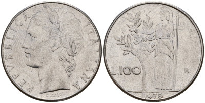 Италия 100 лир 1978 R, Афина у оливкого дерева KM 96.1 нержавеющая сталь 4149-1223