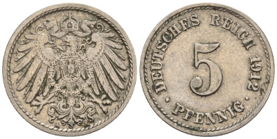 Германия 5 пфеннигов 1912 A, KM 11, J. 12 медно-никель 220-611