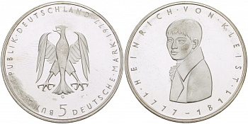 ФРГ 5 МАРОК 1977 G, 200 ЛЕТ СО ДНЯ РОЖДЕНИЯ ГЕНРИХА фон КЛЕЙСТА KM 146, J. 421 серебро PROOF 650-1325