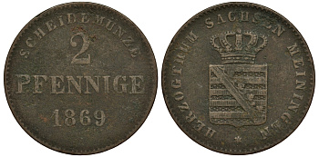 Саксен-Мейнинген 2 пфеннига 1869 Георг II (1866-1914) KM 174, Jaeger 448, AKS 215 медь 413-5322