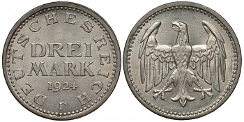 Германия 3 марки 1924 F, Веймарская Республика, цена по каталогу MT 200 евро J. 312, KM 43 серебро  UNC  00-803-54