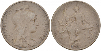 ФРАНЦИЯ 5 САНТИМОВ 1904 ТИП ДАНИЭЛЬ ДЮПЮИ KM 842, LE FRANC 119.14 бронза 77-245