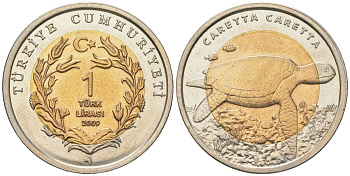 Турция 1 лира 2009 Красная книга, морская черепаха KM 1264 биметалл 4573-623