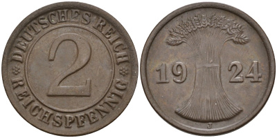 Германия 2 рейхспфеннига 1924 J KM 38, J.314, Weege 4 медь 4584-653