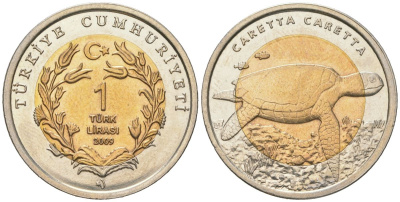 Турция 1 лира 2009 Красная книга, морская черепаха KM 1264 биметалл 4573-623