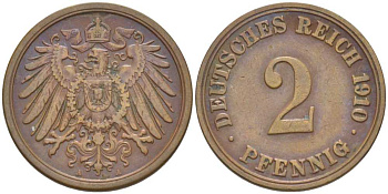 ГЕРМАНИЯ 2 ПФЕННИГА 1910 A KM 16, J. 11, Weege 4 медь 206-556