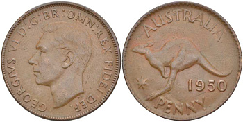 АВСТРАЛИЯ 1 ПЕННИ 1950 p, ГЕОРГ VI (1936-1952), КЕНГУРУ KM 43 бронза 4512-1143
