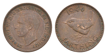 Великобритания 1 фартинг 1944 Георг VI (1936-1952) KM 843, Spink 4116 бронза 3457-1227