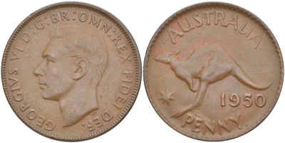 АВСТРАЛИЯ 1 ПЕННИ 1950 p, ГЕОРГ VI (1936-1952), КЕНГУРУ KM 43 бронза 4512-1143