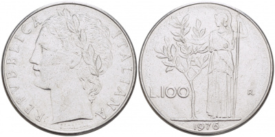 ИТАЛИЯ 100 ЛИР 1976 R, АФИНА KM 96.1 нержавеющая сталь 4403-1121