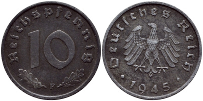 ГЕРМАНИЯ 10 РЕЙХСПФЕННИГОВ 1945 F КМ А104, J.375 цинк 54-2046