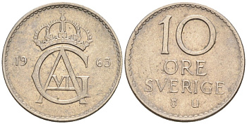 Швеция 10 эре 1963 U, Густав VI Адольф (1950-1973) KM 835 медно-никель 192-154