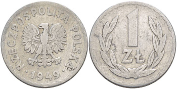 ПОЛЬША 1 ЗЛОТЫЙ 1949 MW KM 45а алюминий 4551-1043