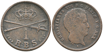 ДАНИЯ 1 РИГСБАНКСКИЛЛИНГ 1842 FF, КРИСТИАН VIII (1839-1848) KM 726.1 (С120.1) медь 34-543