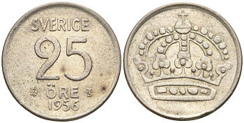 Швеция 25 эре 1956 TS, Густав VI Адольф (1950-1973) KM 824 серебро 4147-1046
