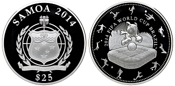 Самоа 25 долларов 2014 FIFA, Чемпионат мира по футболу в Бразилии 2014, талисман на поле, 155гр., в оригинальной коробке, с сертификатом KM NEW серебро PROOF 00-000-00