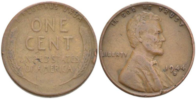 США 1 ЦЕНТ 1944 D, ЛИНКОЛЬН KM А132 медь цинк 218-436