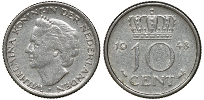 Нидерланды 10 центов 1948 Вильгельмина (1895-1948) KM 177 никель 72-1663
