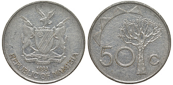 Намибия 50 центов 1993 дерево KM 3 никелированная сталь 4163-1141