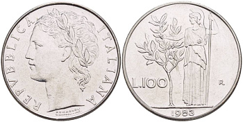 ИТАЛИЯ 100 ЛИР 1983 R, АФИНА У ОЛИВКОВОГО ДЕРЕВА KM 96.1 нержавеющая сталь 4545-724