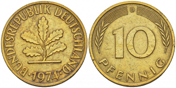 ФРГ 10 ПФЕННИГОВ 1974 D KM 108, J.383 сталь плакированная латунью 4544-1121