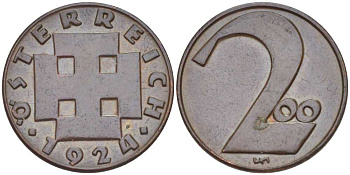 Австрия 200 крон 1924 Республика, денежная реформа KM 2833 бронза  201-168