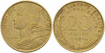 ФРАНЦИЯ 20 САНТИМОВ 1963 KM 930 медь алюминий никель 3856-1111