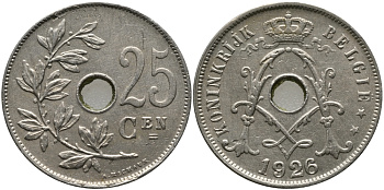 БЕЛЬГИЯ 25 САНТИМОВ 1926 BELGIE KM 69 медно-никель 91-511