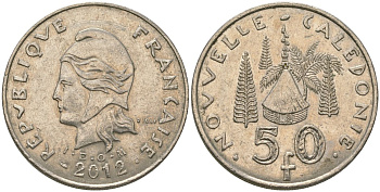 Французская Новая Каледония 50 франков 2012 хижина среди сосен и пальм, (IEOM) KM 13a, Schoen 15a, Lec 128i медно-никель 115-1123