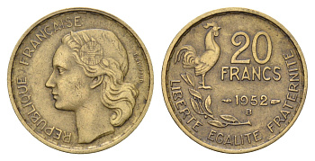 Франция 20 франков 1952 B KM 917.2 алюминиевая бронза    4660-316