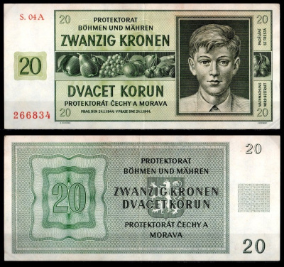 Богемия и Моравия 20 крон 1944 Мальчик, фрукт Pick 9 a(1) бумага 451-1045-2