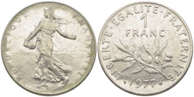 ФРАНЦИЯ 1 ФРАНК 1977 СЕЯТЕЛЬ KM 925.1, LE FRANC 226.22 никель 175-542